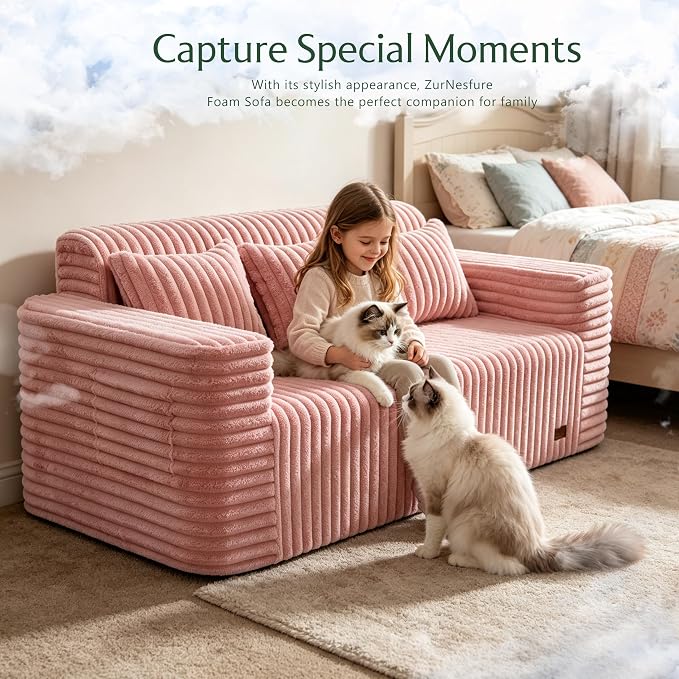 ZurNesfure Sofa Couch Cloud 3-Seater Memory Foam Couch with Pillow No Assembly Required, Modern Couch with Removable Washable Cover Boneless Sofas for Living Room Bedroom Apartment (Pink,3-Seater)