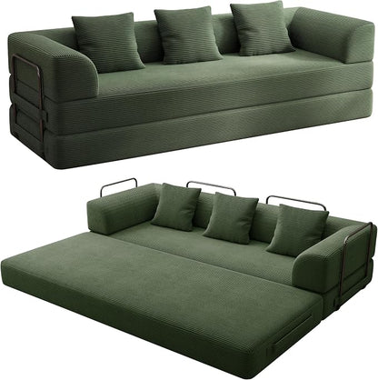 89" Cloud Boneless Convertible Sofa Bed, 5-in-1 Foldable Compressed High-Density Sponge Sofa, Corduroy Fabric 3 Seater Sleeper Couch Futon Daybed for Living Room Bedroom (Green)
