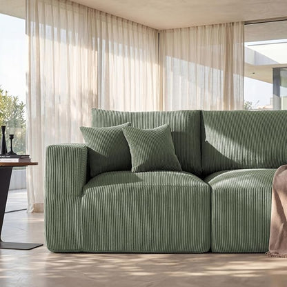 Modular Sectional Sofa with Ottoman, L-Shaped Cloud Couch, 79" Memory Foam Boneless Loveseat with Chaise, No Assembly Required Corduroy Frameless Sofa for Small Living Room Apartment Home Decor, Green