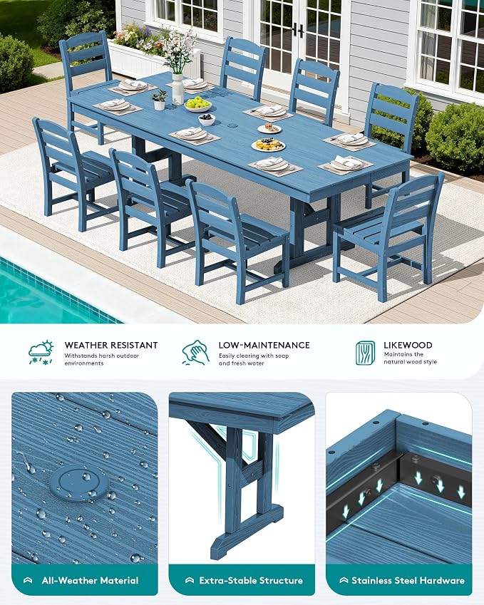 SERWALL 9 Piece 84" HDPE Outdoor Dining Set for 8 with Armless Chairs and Umbrelle Hole, Blue