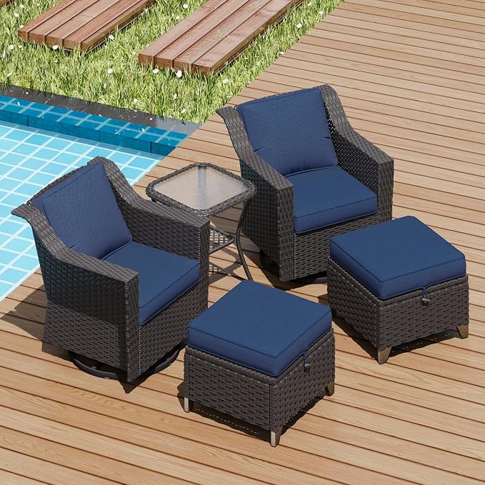 MeetLeisure 5 Pieces Patio Conversation Furniture Set - Swivel Chairs with Ottomans Set of 2, 1 Side Table, Outdoor Wicker Furniture Set with Washable Cushions for Porch, Balcony, Sunroom (Navy Blue)