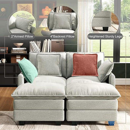 58" Cloud Couch Loveseat, Deep Seat Modular Sectional Sofa with 4 Removable Washable Pillows and 2 Ottoman for Living Room, Bedroom, Apartment, Light Grey