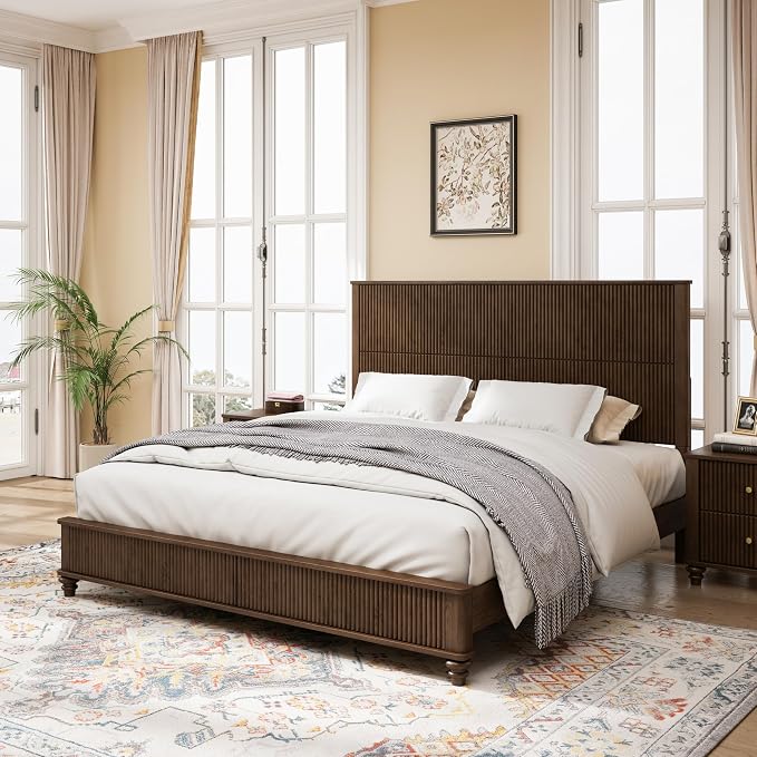 3-Pieces Bedroom Sets, King Size Platform Bed with 2 Nightstands, Solid Wood Platform Bed Frame with Tall Headboard and Classic American Turned Legs (Brown-5.25, King)