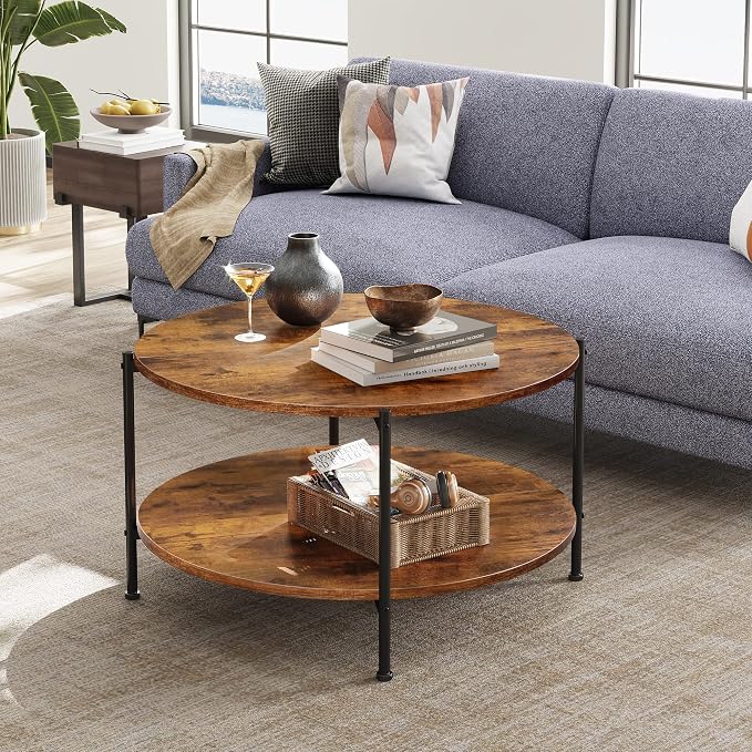 WLIVE Round Coffee Table, 32.6" Small Coffee Table with Storage Shelf, 2-Tier Circle Wood Center Table for Living Room, Apartment, Rustic Brown (Rustic Brown, 32.6" D x 32.6" W x 17.5" H)
