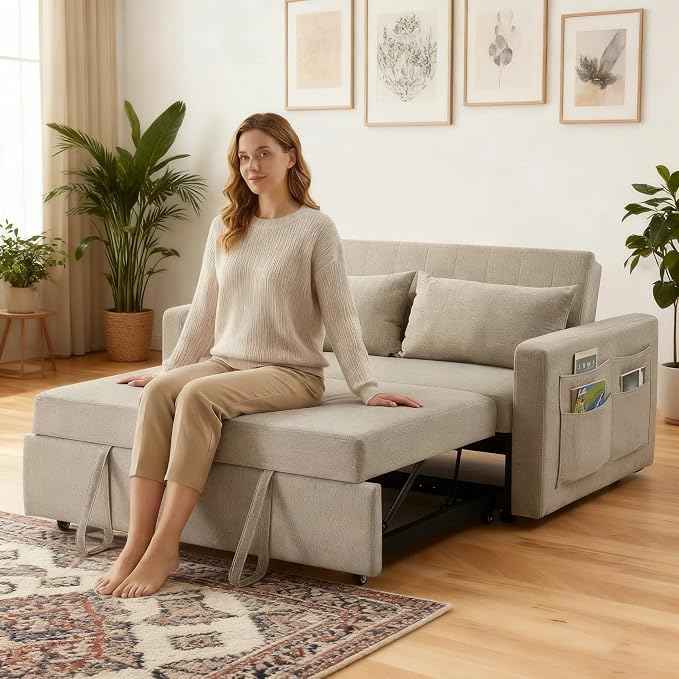 55.5" Fabric Convertible Sofa Bed, Pull Out Sleeper Sofa Bed, Loveseat Couch with Side Pocket, 3 in 1 Convertible Sleeper Sofa Bed for Living Room, Apartment, Bedroom, RV, Light Grey