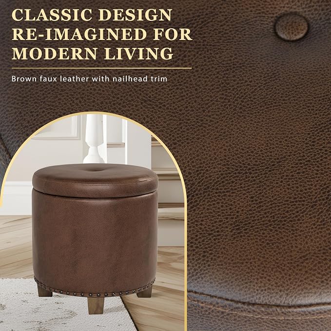 HomePop 18.5" Round Storage Ottoman with Nailheads - Brown Faux Leather