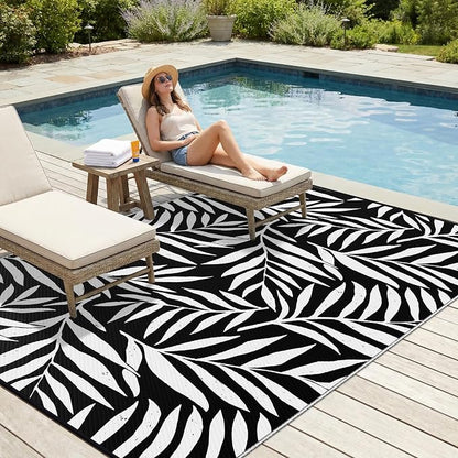 Smiry Outdoor Rug 9x12 ft, Waterproof Reversible Plastic Straw Rugs, Outdoor Area Rug with Leaf Pattern, Outside Floor Mat for Patio, Backyard, Deck, Picnic, Beach, Camping, Black & White