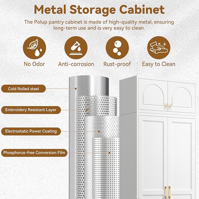 Polup Kitchen Pantry Cabinet, 86 Inch Tall Metal Storage Cabinet, Food Pantry cabinets with Doors and Shelves, White Storage Cabinets for Living, Dining, Office, Bathroom, Garage, Assembly Required