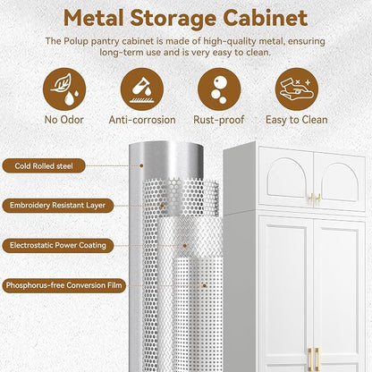 Polup Kitchen Pantry Cabinet, 86 Inch Tall Metal Storage Cabinet, Food Pantry cabinets with Doors and Shelves, White Storage Cabinets for Living, Dining, Office, Bathroom, Garage, Assembly Required