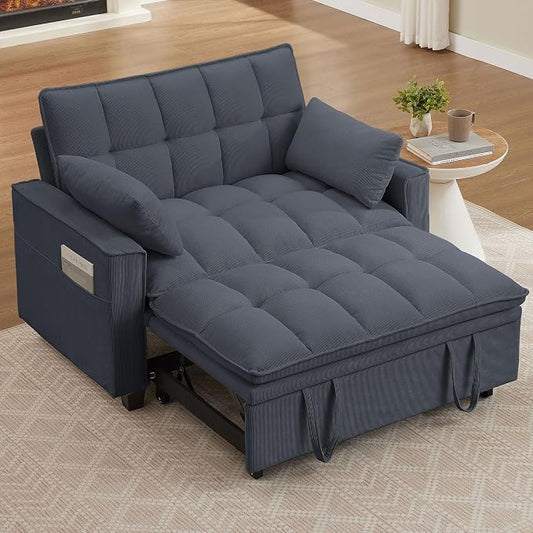 Sleeper Sofa with Pull Out Couch Bed, 48.43" Convertible Pull-Out Sofa Bed Chair, 3-in-1 Futon Couch with Reclining Backrest and Side Pockets for Living Room Bedroom Apartment, Dark Grey
