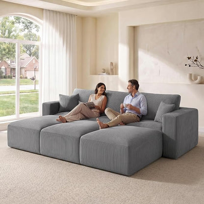 Modular Sectional Sofa Bed with Chaise, 115" Memory Foam Cloud Couch, Boneless Corduroy Upholstered Floor Couch, No Assembly Required Living Room Furniture for Apartment Home, Grey