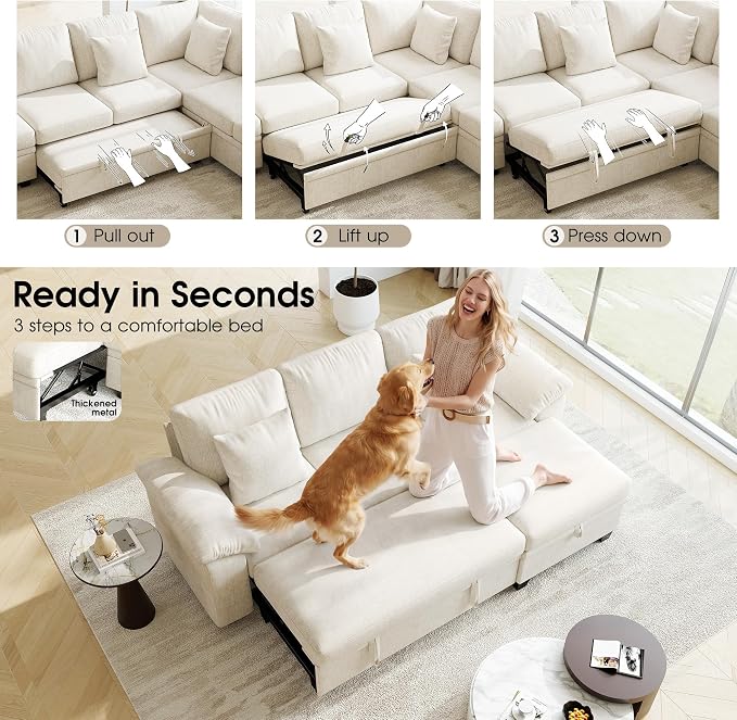 Modular Sectional Sleeper Sofa Bed, 86" Convertible Cloud Couch Bed, L Shaped 4 Seat Pull Out Couch with Storage Ottoman, Sectional Couches for Living Room, Apartment (Beige)