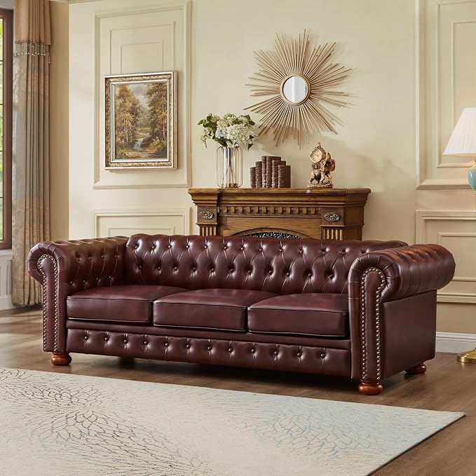 Chesterfield Leather Sofa, 89" Mid Century Modern Couch with Low Back, Roll Arm Nailhead Trim Classic 3 Seater Couch for Living Room, Office, Apartment, PU Burgundy