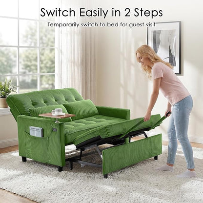 Sleeper Sofa Bed, 54'' Convertible Pull Out Couch with Small Table| USB Port | Stand Table| Corduroy Fabric | Adjustable Backrest for Apartment, Office, Bedroom, Guest Room(Green)