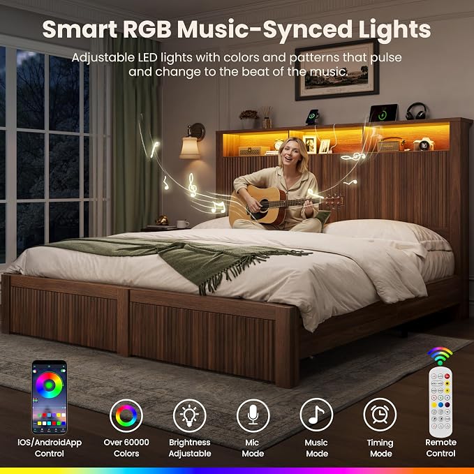 CypBed King Size Bed Frame and Headboard& 2 Storage Drawers, King Bed Frame with LED Light and Charging Port, Farmhouse Wavy Design, Wood & Metal Platform, Noise-Free, No Box Spring Needed, Walnut