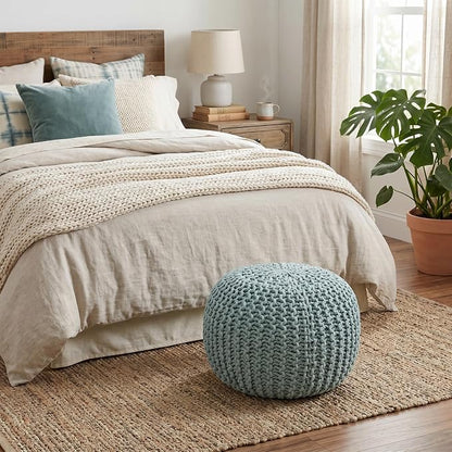 BIRDROCK HOME Round Pouf Ottoman Foot Rest - 18.5”x18.5”x15” Boho Compact Comfortable Soft Cotton Braided Foot Stool with Bean Bag Filling for Living Room, Bedroom, or Nursery (Sage Green)