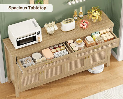 usikey 63" Buffet Cabinet with Storage, Large Sideboard Buffet Cabinet with 2 Adjustable Shelves and 2 Drawers, Modern Fluted Coffee Bar for Kitchen, Living Room, Natural
