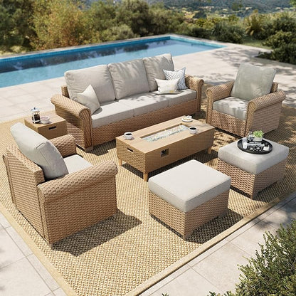 HERA'S HOUSE Patio Furniture Set, 4 x Cushioned Chairs, 3-Seat Sofa with Wood Grain Coffee Table, 5 Seats Luxury Windsor Style All Weahter Outdoor Sofa Conversation Set for Deck Lawn Backyard