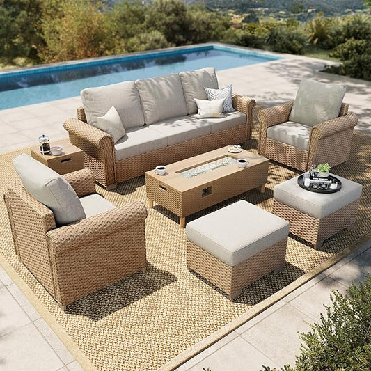 HERA'S HOUSE Patio Furniture Set, 4 x Cushioned Chairs, 3-Seat Sofa with Wood Grain Coffee Table, 5 Seats Luxury Windsor Style All Weahter Outdoor Sofa Conversation Set for Deck Lawn Backyard