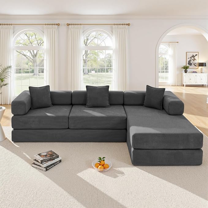 ivoros 108" Oversized Convertible Sleeper Sofa Bed, Corduroy L Shape Sectional Couch, Folding Sofa Bed with Fixed-Shape Frame, Modern Cloud Floor Mattress Couch, Modular Sofa for Living Room,Grey
