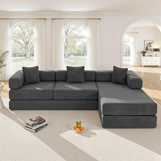 ivoros 108" Oversized Convertible Sleeper Sofa Bed, Corduroy L Shape Sectional Couch, Folding Sofa Bed with Fixed-Shape Frame, Modern Cloud Floor Mattress Couch, Modular Sofa for Living Room,Grey