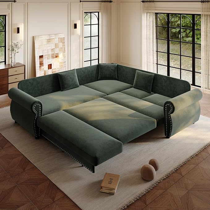88.2" Sectional Sleeper Sofa with Pull Out Bed - Oversize L-Shaped Convertible Sleeper Couch Bed, Button Tufted Chesterfield Sofa, Chenille Vintage Couches for Living Room/Apartment(4-Seater, Green) | Pull Out couch Bed
