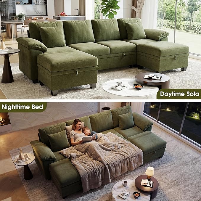 107.8" Modular Sectional Sleeper Sofa Bed, U Shaped 6 Seat Pull Out Couch with Storage Ottoman, Convertible Cloud Couch Bed, Sectional Couches for Living Room, Apartment (Green)