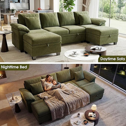 107.8" Modular Sectional Sleeper Sofa Bed, U Shaped 6 Seat Pull Out Couch with Storage Ottoman, Convertible Cloud Couch Bed, Sectional Couches for Living Room, Apartment (Green)
