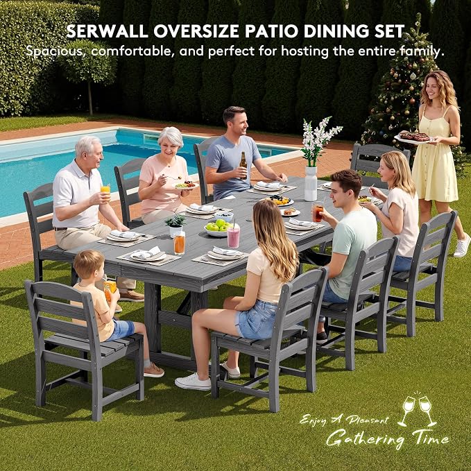SERWALL 9 Piece 84" HDPE Outdoor Dining Set for 8 with Armless Chairs and Umbrelle Hole, Gray