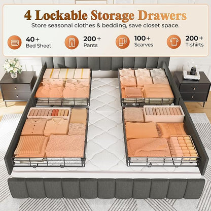 PRAISUN Bed Frame King Size with Upholstered Headboard & Charging Station, King Bed Frame with 4 Storage Drawers, 2-Tier Open Shelves, No Box Spring Needed, Slient Foam Strip, Easy Assembly, Grey