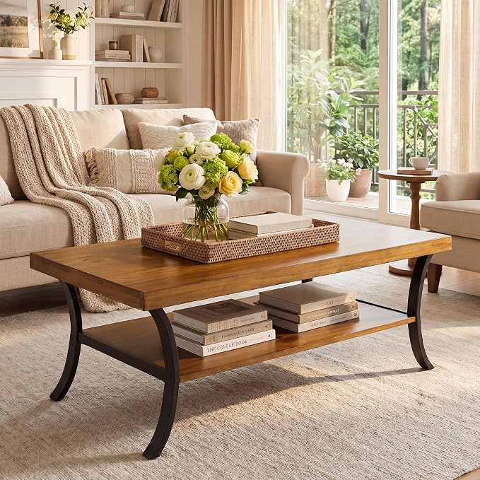 Solid Wood Coffee Table, 2-Tier Farmhouse Wood Coffee Table with Storage Shelf and Curved Metal Legs, 47" Center Table Industrial Rustic Living Room Tea Table