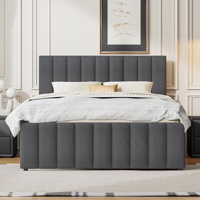 Bellemave Full Size Bed Frame with Twin Trundle Bed and Storage Drawers,Linen Upholstered Bed Frame,Full Size Trundle Bed with Adjustable Headboard for Kids Teens Adults,Gray