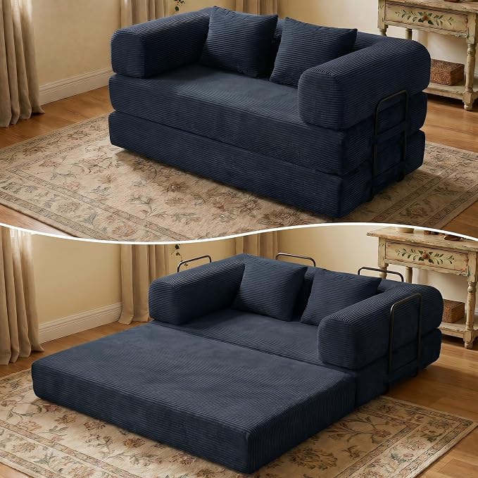 ZEIINPA 59“ Convertible Floor Sofa Bed, 5-in-1 Futon Sofa Bed Pull Out Sleeper Couch, Modern Corduroy Compressed Loveseat, Modular Boneless Couches for Living Room, No Assembly Required, Black