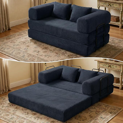 ZEIINPA 59“ Convertible Floor Sofa Bed, 5-in-1 Futon Sofa Bed Pull Out Sleeper Couch, Modern Corduroy Compressed Loveseat, Modular Boneless Couches for Living Room, No Assembly Required, Black