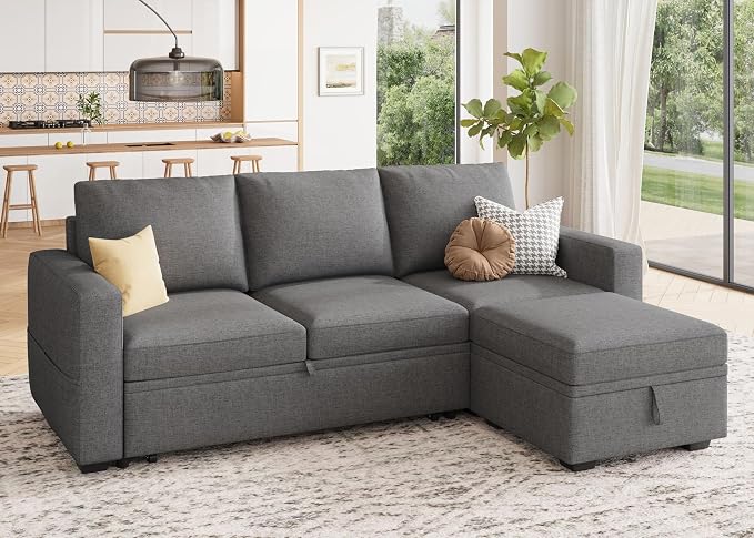 HONBAY Modular Sectional Sleeper Sofa with Pull Out Bed, L Shaped Couch with Storage Seat, Modular Sectional Couches for Living Room - Dark Grey