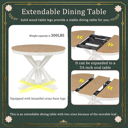 LUMISOL 42"-54" Extendable Round Dining Table for 4-6, Farmhouse Round to Oval Kitchen Table with 12" Removable Leaf and Pedestal Base for Dining Room, Living Room, Oak Natural Wood+Off White