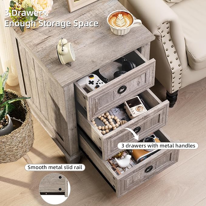 Joaxswe Farmhouse Night Stand Set of 2, 18" End Table with 3 Drawer Metal Handle, Dresser for Bedroom, Sofa Bed Side Table Chest of Drawers,Wood Nightstand Cabinet for Organizer, Living Room-Oak