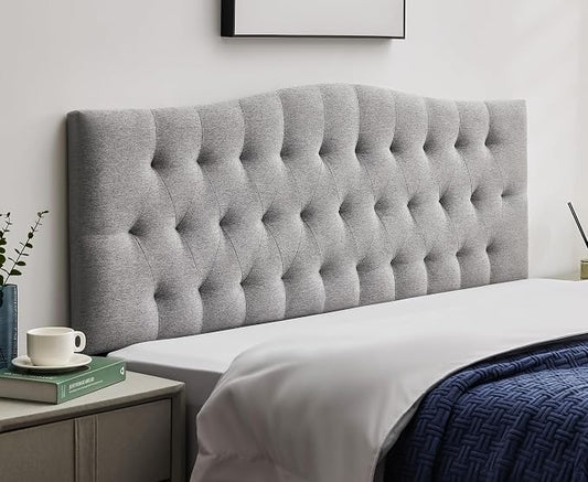 Tufted Upholstered Dorm Headboard Queen, Adjustable 38-50 in, Gray | Queen Size Upholstered Headboard for Dorm Rooms; Linen Fabric, Adjustable Height, Modern Diamond Design