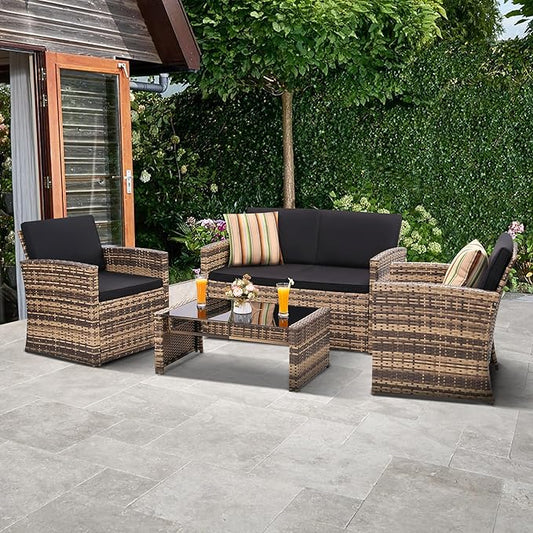 KROFEM 4-Piece Patio Furniture Set, Wicker Outdoor Rattan Sectional Sofa with Cushions and Glass Table, All-Weather Outdoor Conversation Set for Garden, Porch, Backyard, Patio, Black