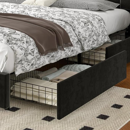 VECELO Queen Size Upholstered Bed Frame with 4 Drawers and Headboard, Velvet Platform Storage Bedframe, Wooden Slats Support, No Box Spring Needed,Black