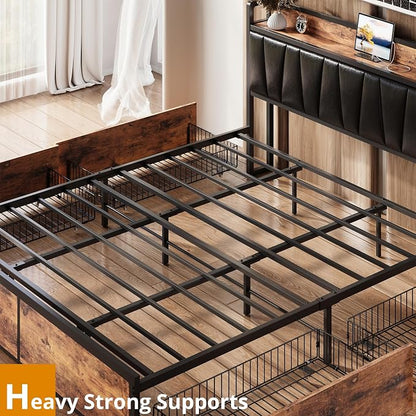 LIKIMIO California King Bed Frame with 4 Storage Drawers, Platform Bed with Charged Headboard, Sturdy and Stable, No Noise, No Box Spring Needed, Easy to Install, Vintage Brown and Black