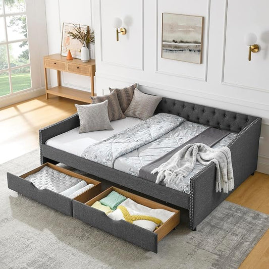 KEIKI Queen Size Upholstery Daybed with 2 Drawers and Headboard, Mid-Century Style Tufted Sofa Bed with Button on Back, Easy Assembly, No Box Spring Required, for Living Room and Bedroom, Dark Grey