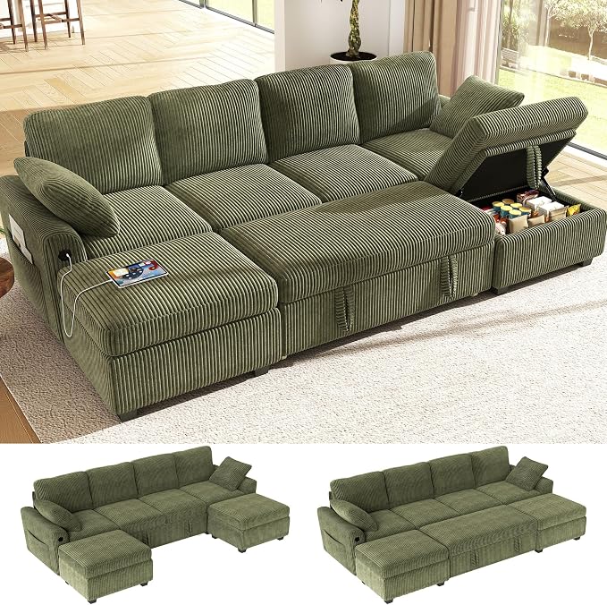 Ihanherry 6-Seater Large Sectional Sofa Bed with Storage Ottoman, Corduroy Reversible Modular Sleeper Sofa Couch with USB Port, 104" L-Shaped Convertible Couch for Living Room（Green）