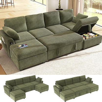 Ihanherry 6-Seater Large Sectional Sofa Bed with Storage Ottoman, Corduroy Reversible Modular Sleeper Sofa Couch with USB Port, 104" L-Shaped Convertible Couch for Living Room（Green）
