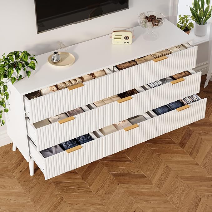 Fluted Dresser for Bedroom with 8 Drawers, Wooden Dresser with Metal Handle, White Dresser for Bedroom, Wood Closet for Hallway, Modern Storage Organizer for Living Room BDR104WW