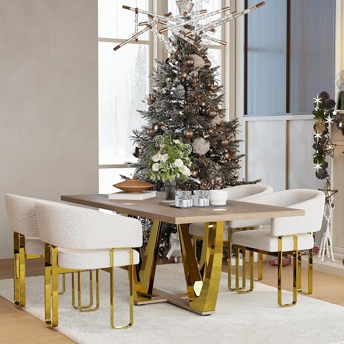 Dining Chairs Set of 5, White and Gold Barrel Boucle Dining Chairs with Arms and U-Shaped Mirrored Gold Legs, Contemporary Side Chairs for Dining Table, Kitchen and Dining Room Restaurant