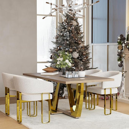 Dining Chairs Set of 5, White and Gold Barrel Boucle Dining Chairs with Arms and U-Shaped Mirrored Gold Legs, Contemporary Side Chairs for Dining Table, Kitchen and Dining Room Restaurant