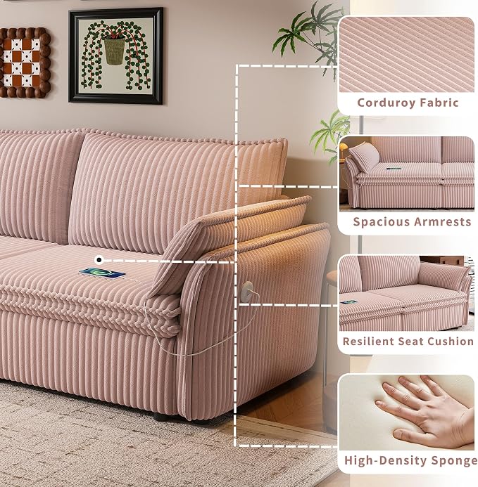 85" Pull Out Sofa Bed Full Size, Pre-Assembled Corduroy Sleeper Sofa, Convertible Loveseat Futon Couch with Storage Ottoman, USB, Pillows, for Apartment, Living Room, Small Spaces, Pink