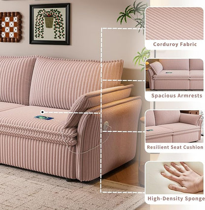 85" Pull Out Sofa Bed Full Size, Pre-Assembled Corduroy Sleeper Sofa, Convertible Loveseat Futon Couch with Storage Ottoman, USB, Pillows, for Apartment, Living Room, Small Spaces, Pink