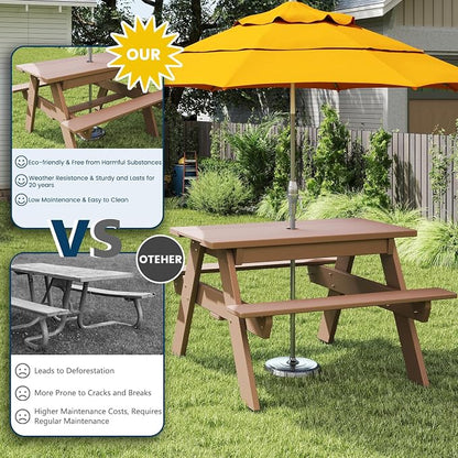 FOOWIN Kids 3-in-1 Sand & Water Table,HDPE Outdoor Convertible Picnic Table w/Detachable Tabletop, for Outdoor Backyard Patio Play Teak